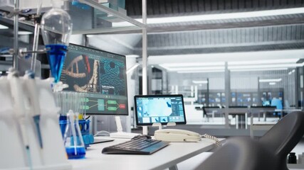 Tablet and PC in laboratory displays DNA visualization software used to process patient data for clinical research. Digital interface used for genetic analysis diagnostics in laboratory, jib down shot - Powered by Adobe