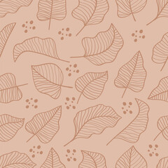 Seamless Pattern Leaves Hand Drawn on Brown Background Botanical Print.Vector Illustration