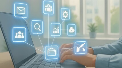 Quality control and compliance with ISO standards ensure effective digital workflow management laptop keyboard with hands typing and business icons - Powered by Adobe