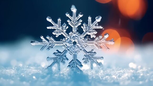 A closeup of a snowflake on a snowy surface with a bokeh background. The snowflake is detailed with intricate patterns of snowflakes, some of which are clear and others more translucent.