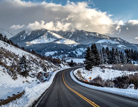 Winding road through snow-covered landscape with mountains and trees under cloudy sky