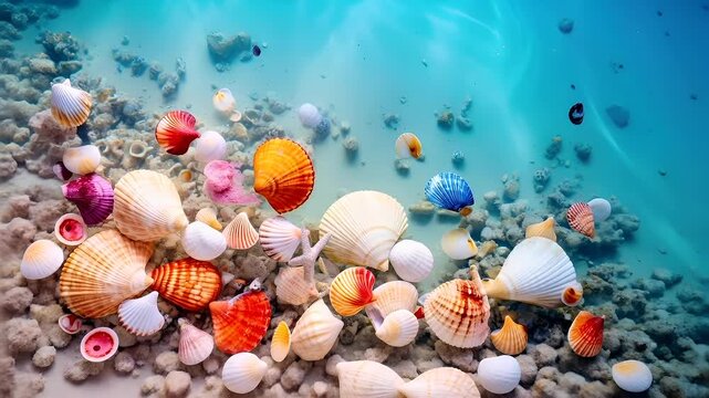 Aerial view of a coral reef with seashells and coral formations under the water.