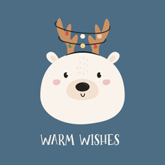 Cute Polar Bear Head with String Lights on Antlers. Kawaii Winter Animal Graphic on Blue Background. Vector Illustration