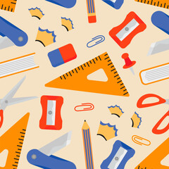 Seamless Pattern School Materials Isolated on Beige Background Back to School.Vector Illustration