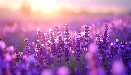 Naklejka premium Close up of Lavender Field during Golden Hour Sunset with Soft Focus Bokeh Background and Purple Hues