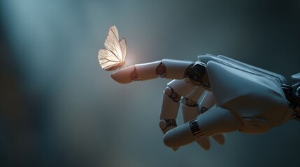 White butterfly resting on a robot finger. Concept of AI, technology, nature, harmony, and future interaction between machine and life.
