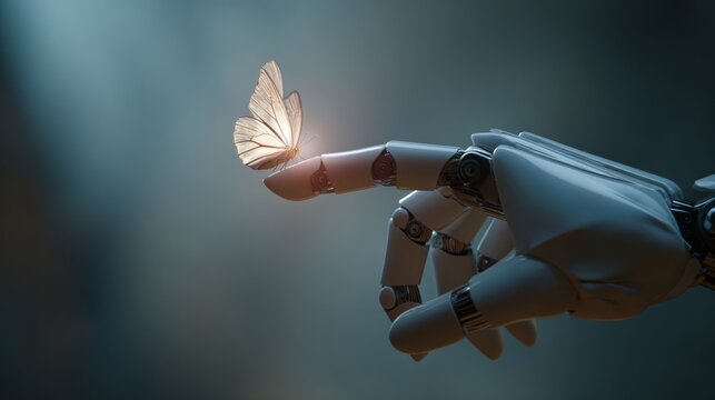 White butterfly resting on a robot finger. Concept of AI, technology, nature, harmony, and future interaction between machine and life.