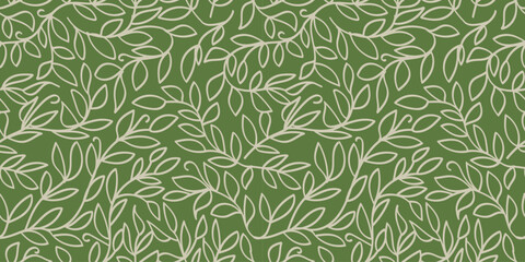 Seamless Pattern Hand Drawn Green Leaves on Dark Background. Vector Illustration