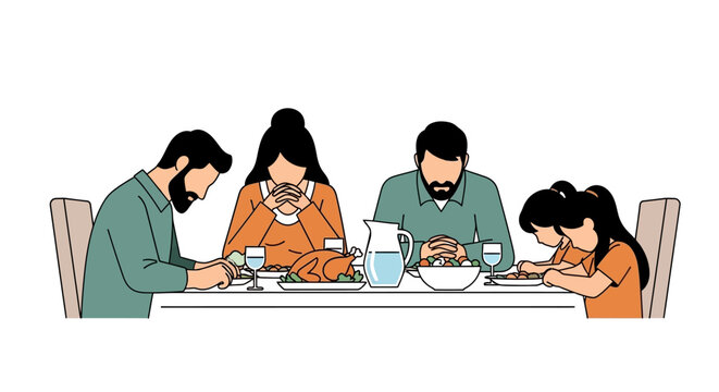 Family gathered around table, expressing gratitude before meal with heads bowed