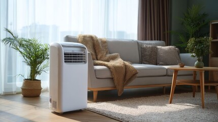 White portable air conditioner in a modern living room next to a window. Home appliance for cooling and air purification in a house interior.