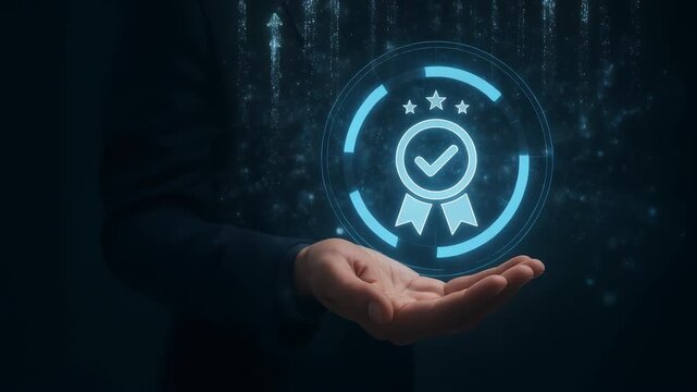 Quality control concept with compliance standards and ISO certification symbol floating above hand representing business success and quality assurance