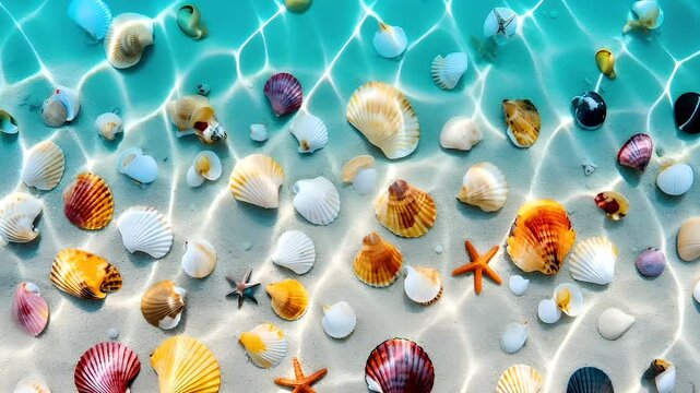 Aerial view of seashells and starfish on sandy beach under clear turquoise water.