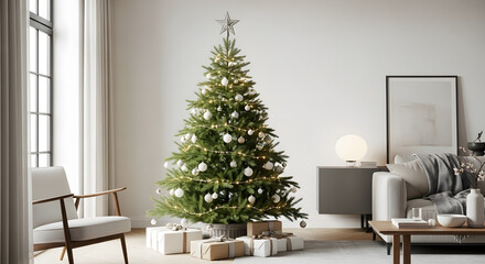 Modern Christmas tree in a bright minimalist interior