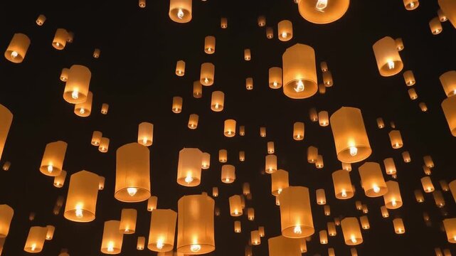 夜空に浮かぶ灯籠が織りなす幻想的な光景