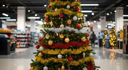 Festively decorated Christmas tree in a retail store