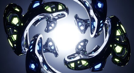 Dynamic abstract metallic forms with glowing neon accents, futuristic tech