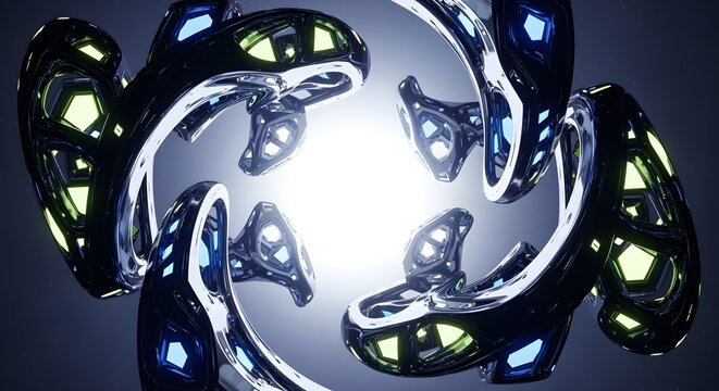 Dynamic abstract metallic forms with glowing neon accents, futuristic tech