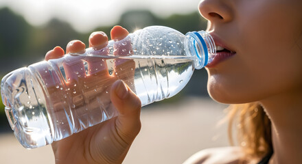Thirsty woman drinking refreshing water from a bottle