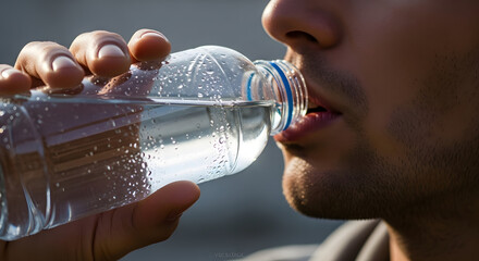 Man drinking refreshing water from a plastic bottle
