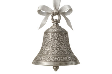 Silver christmas bell ornament with intricate carvings and white ribbon bow, hanging for holiday decoration