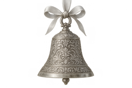 Silver christmas bell ornament with intricate carvings and white ribbon bow, hanging for holiday decoration