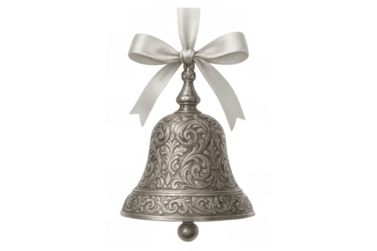 Ornate silver christmas bell hanging with white ribbon, festive holiday decoration, celebrating traditional winter season - Powered by Adobe