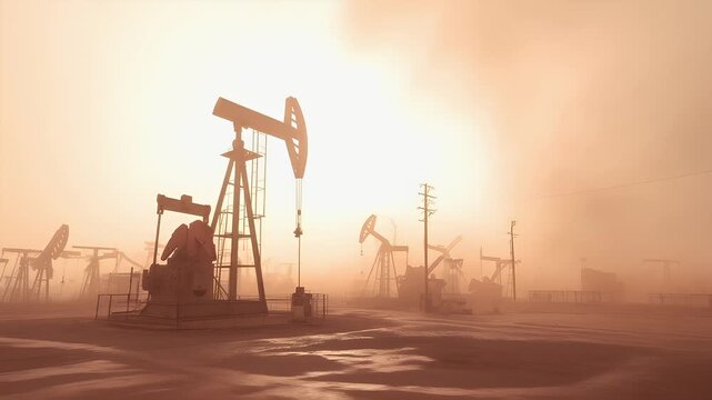 Aerial view of an oil pump jack set against a hazy, orangehued backdrop, suggesting an oil field during what appears to be either dawn or dusk.