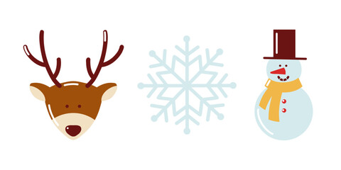 Hand drawn flat vector set with cute winter characters reindeer, snowflake and smiling snowman. Vector isolated illustration. 
