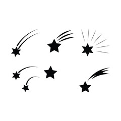 Black star symbols with shooting comet tails fly against the pure white background