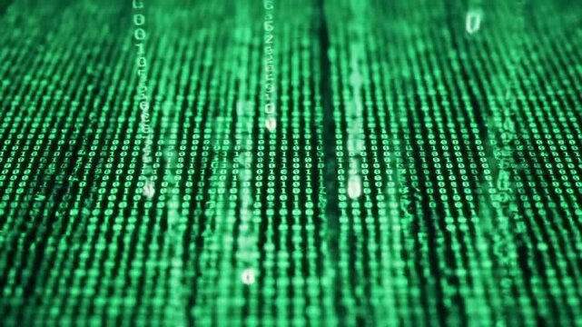 Green binary code cascading downwards in a digital stream