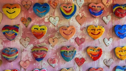 Fototapeta premium Colorful Heart-shaped Embroidered Felt Decorations on Pink Background for Valentine's Day