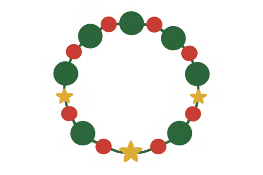 Christmas holiday wreath decoration creating a festive border frame with red and green baubles and gold stars, transparent background