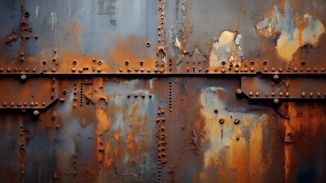 Digital art wallpaper background. A closeup of a rusted metal surface with rivets and patches of rust. The colors range from deep browns and oranges to muted blues and grays.