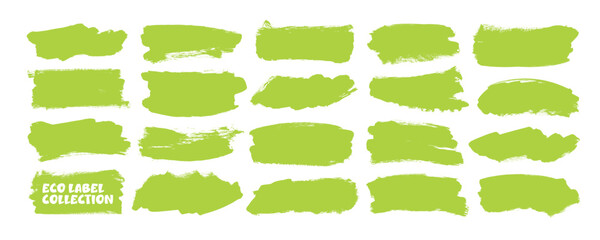 Fototapeta na wymiar Green vector brush strokes, organic tags and labels. Hand drawn nature-inspired badges. Underlines or highlight marker strokes and smears. Bold brush smears for fresh ecology designs.