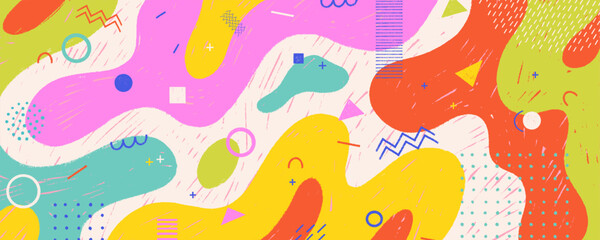 Kid pastel texture with Memphis pop playground and crayon background for funky school design. Crayon drawn organic geometric shapes and doodles. 80s or 90s aesthetic retro colorful wallpaper.