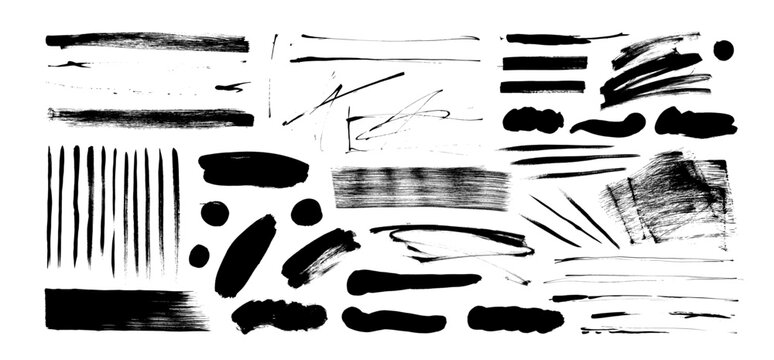 Bold brush strokes, smears and mud marks collection. Grunge ink splatters, calligraphy or graffiti strokes. Brush drawn vector sketch elements for street art design and grunge punk illustrations.