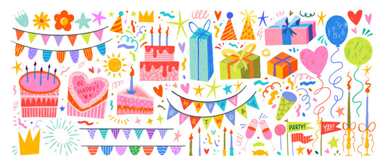 Birthday doodle set with crayon gift and cake illustration for party celebration design. Chalk flags, garlands and streamers for holiday decoration. Happy Mother day, Valentine's day and holidays.
