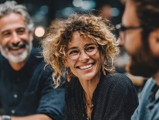 Beautiful curly haired woman smiles happily while socializing with diverse friends in a casual setting.