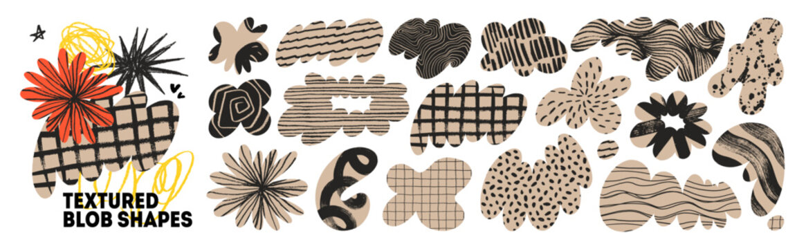 Naklejki Cloud blob scrapbook irregular shape collection with crayon drawn patterns and textures. Abstract irregular organic shapes with scribbles and doodle patterns. Hand drawn amoeba organic fluid shapes.