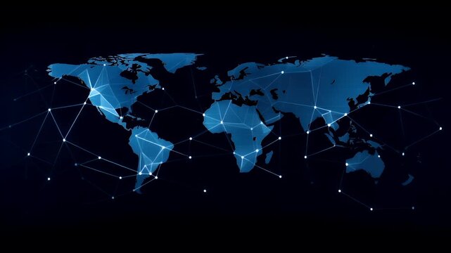 Digital art wallpaper background. A digital representation of a world map with a network of dots and lines, predominantly in shades of blue. The map is set against a dark background.