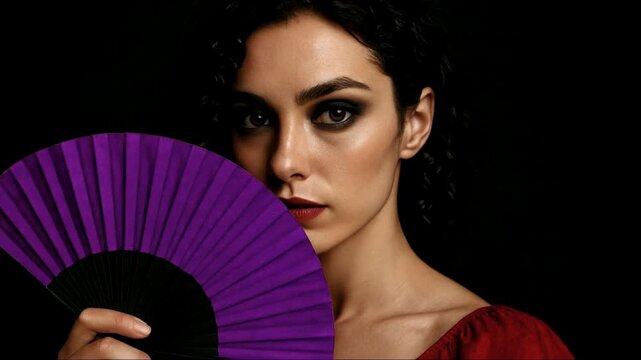 Spanish Vampire Woman Holding a Magic Fan Revealing Fangs Close-Up