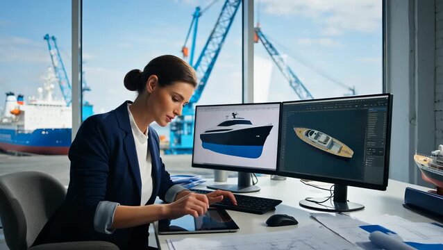 Female Designer Working on Yacht Design in Office with Marine Background