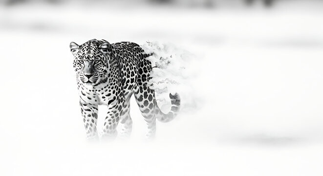 A leopard walks through a snowy landscape, its movement captured with a motion blur effect.