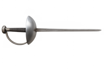 Épée sport equipment used in fencing competitions, featuring a metal blade and handguard, with transparent background