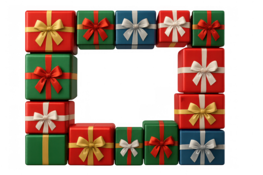 Christmas gifts and holiday presents forming a frame on transparent background, celebrating special occasions