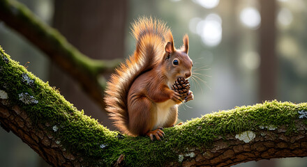 A red squirrel sits on a mossy branch, holding a pine cone in its paws, with a forest backdrop.