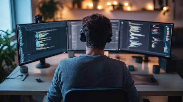 Focused coder immersed in complex data visualization on multiple screens setup