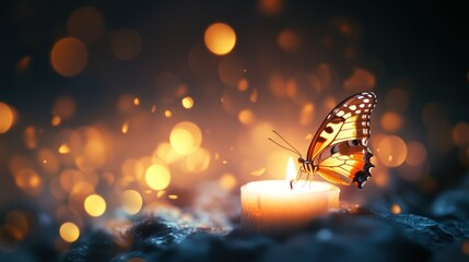 Enchanting Butterfly Resting on a Glowing Candle in Dreamy Bokeh Light