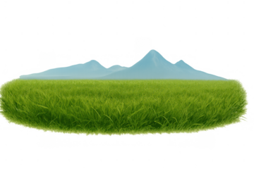 Floating green grass island with mountains, natural ecosystem, environmental sustainability, growth concept on transparent background