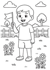 coloring book boy waving small flag in garden